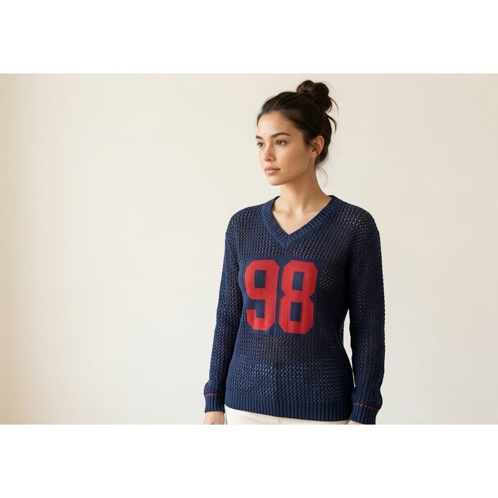 Medium Navy Blue NWT Varsity 98 Star Open Knit V-Neck Pullover Sweater Sporty